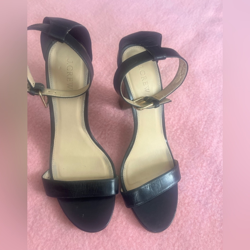 J Crew Block Black Leather Heel Sandals Size 10 Made In Italy